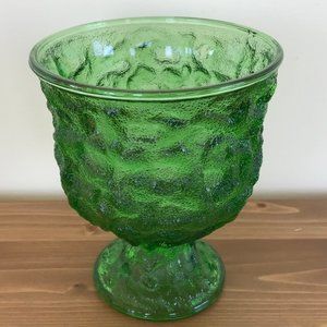Green Crinkle Glass Widemouth Pedestal Vase Vintage EO Brody Flower Bowl A102